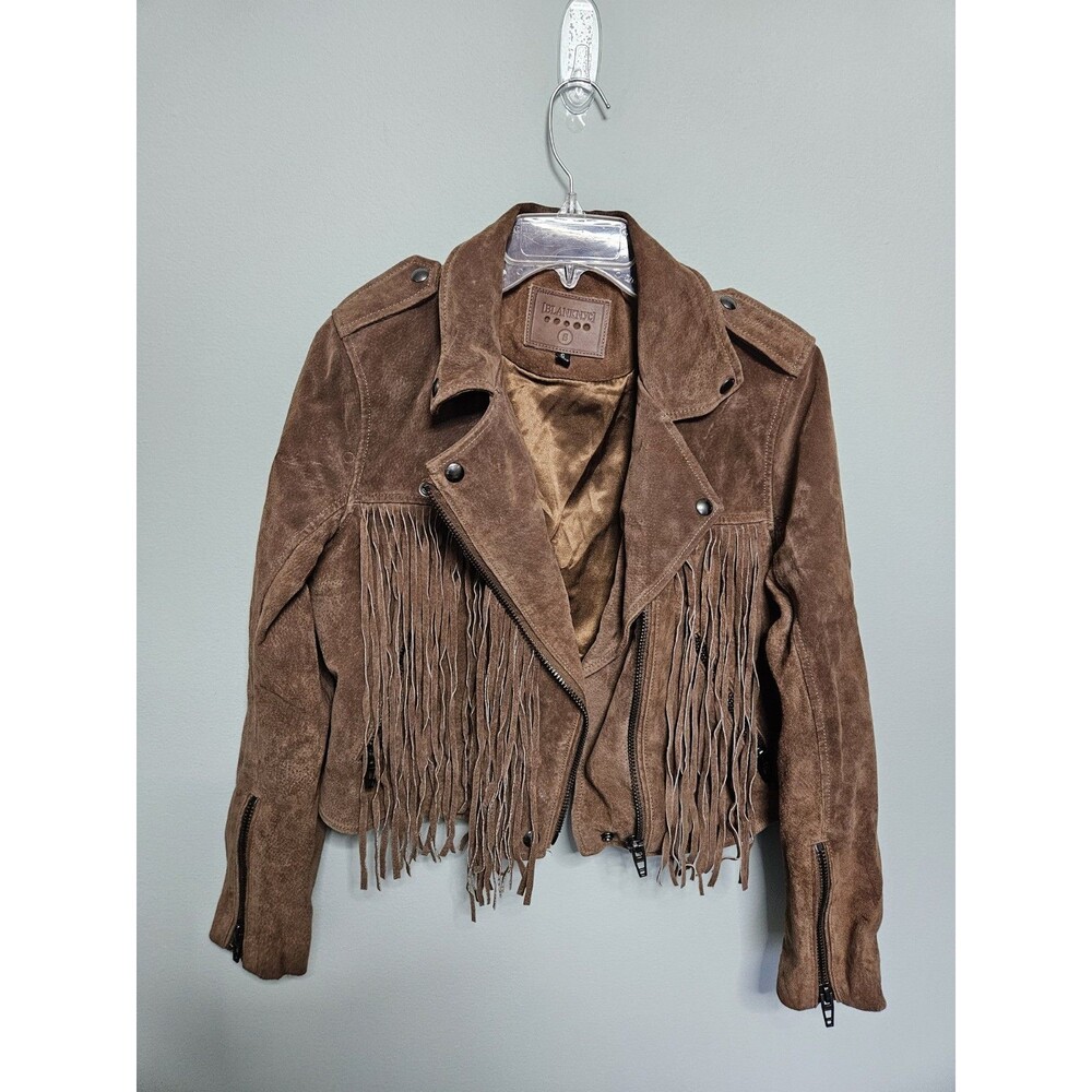 Sz S - BLANKNYC Jacket Womens Brown Suede Leather Fringe Moto Biker Western